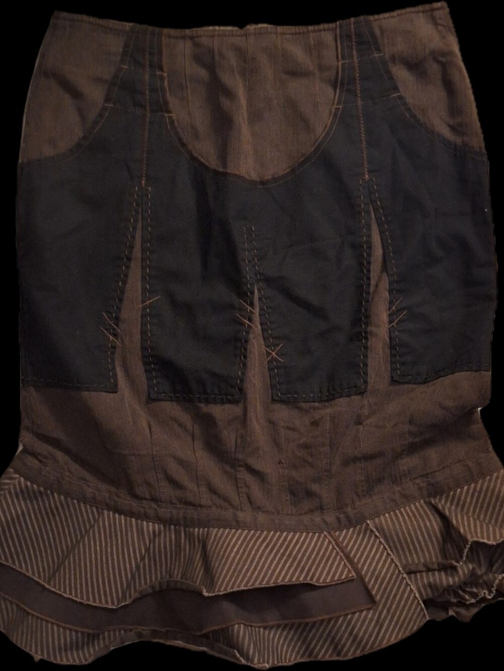 Vintage 90s GERMANO ZAMA SKIRT Brown and Navy Patchwork Ruffle Skirt 100 Cotton
